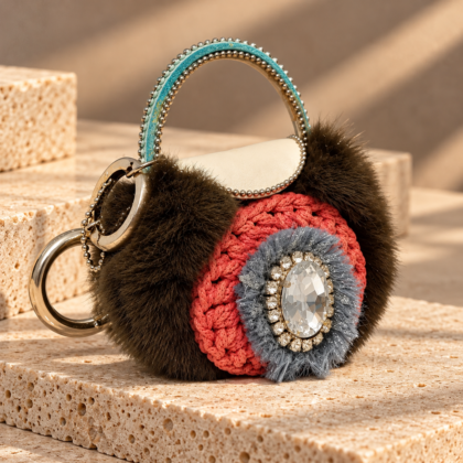 Coralia. Χειροποίητο Bag Charm από Φυσική Γούνα και Δέρμα.